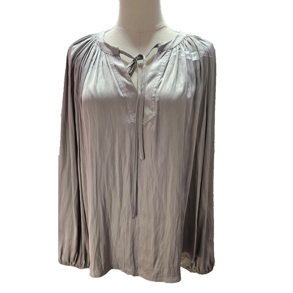 Maison d Amelie Silver Gray Silky Satin Large Puffed Sleeves V Neck Boho Flowy‎ - Picture 1 of 4
